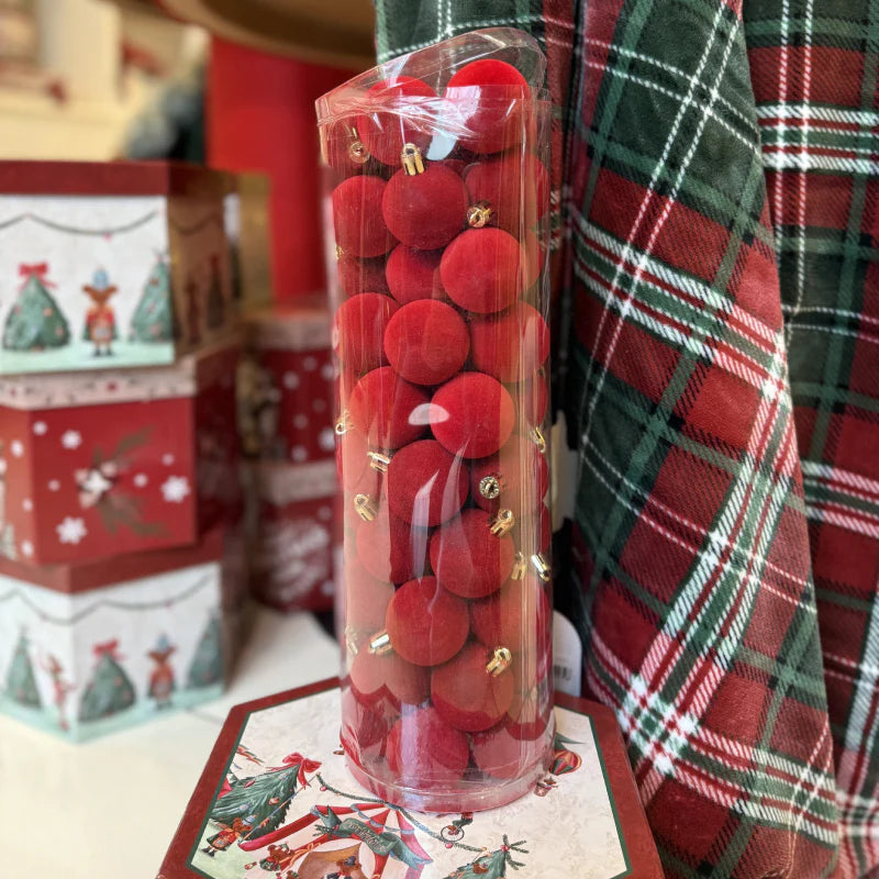 Caixa com 50 bolas de Natal de veludo bordô