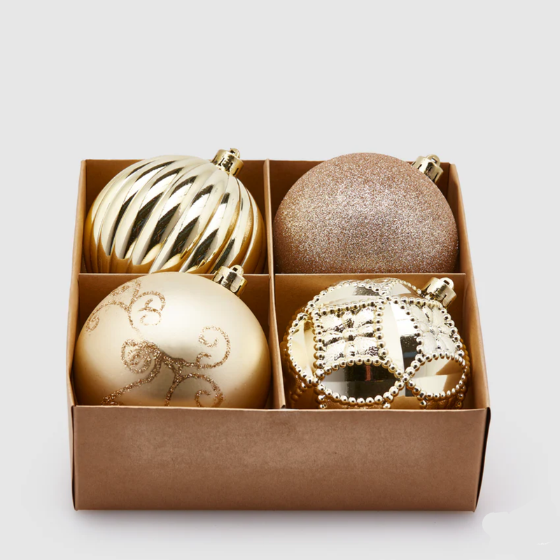 Caixa com 4 Bolas de Natal Decoradas em  Champanhe