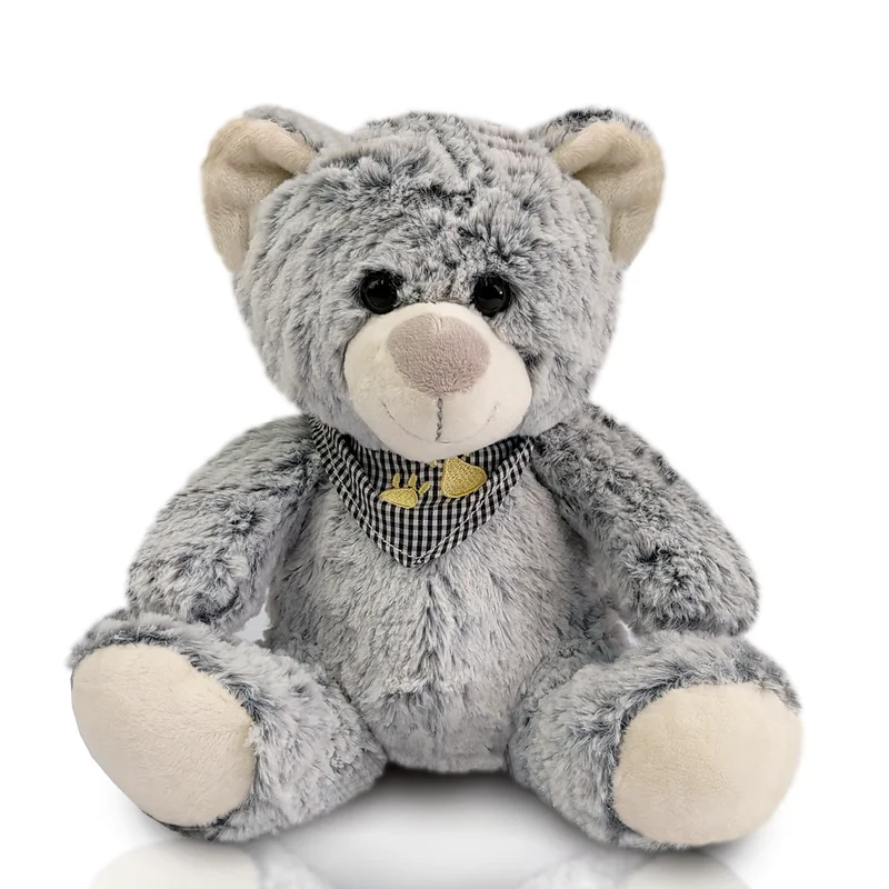 Urso de Pelúcia 24 cm Sentado - Ravi Com Bandana Xadrez Cinza
